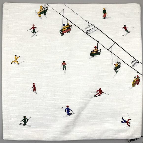 West Elm Embroidered Skier Pillow Cover 18x18 Alabaster Cotton Winter Decor New - Picture 1 of 9
